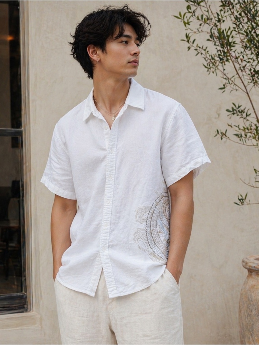 Apt.9 Linen Blend Mens XL Classic Button Down Short Sleeve Shirt Y2K Embroidered